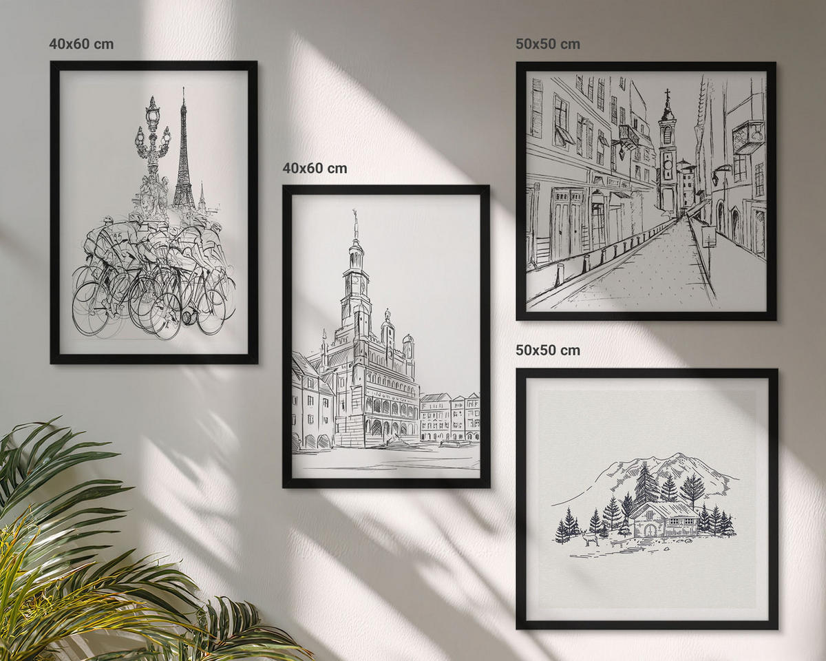 WANDBILDER 4er-Set - 50x50 cm & 40x60 cm Schwarzer Rahmen - Einfache Zeichnungen von Stadtansichten - Schwarz, Kunststoff (50/50cm) - ArtPrintCave