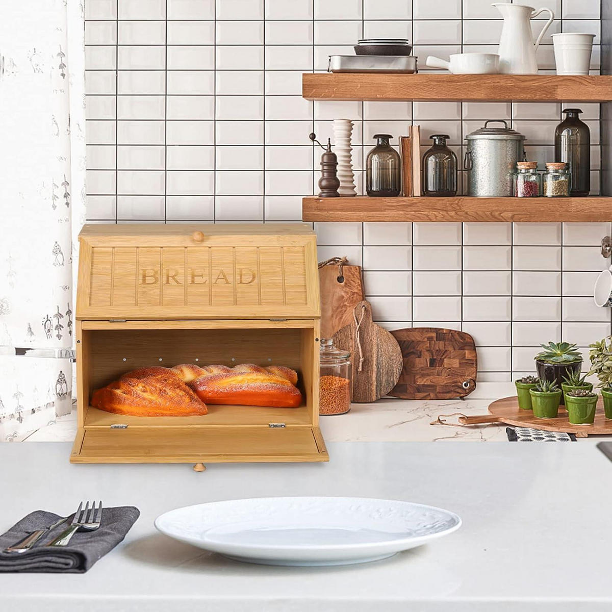 BROTKASTEN Bambus 2 Etagen 39 cm - Hellbraun, Naturmaterialien (24.9/32/38.9cm)