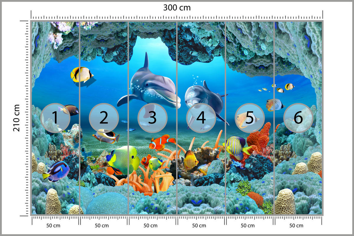 FOTOTAPETE für Badezimmer Unterwasser Korallenriff Delfin Fisch 300x210 - Türkis/Gelb, Papier (300/210cm) - Muralo