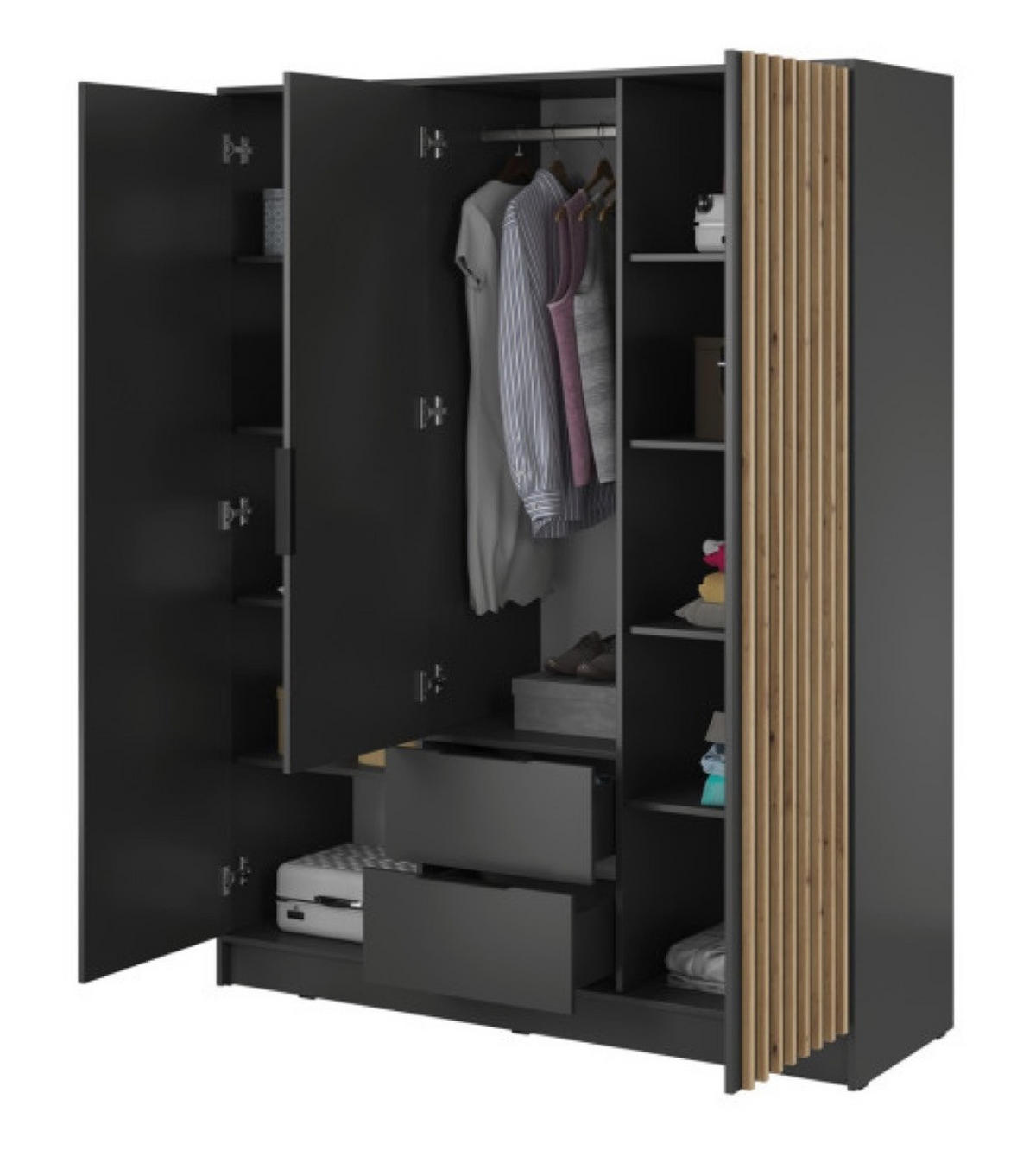 SCHRANK Grafit KELLY Dreitürig Mit Lamellen 155 cm - Graphitfarben, Holzwerkstoff (155/200/51cm) - Sepro Meble