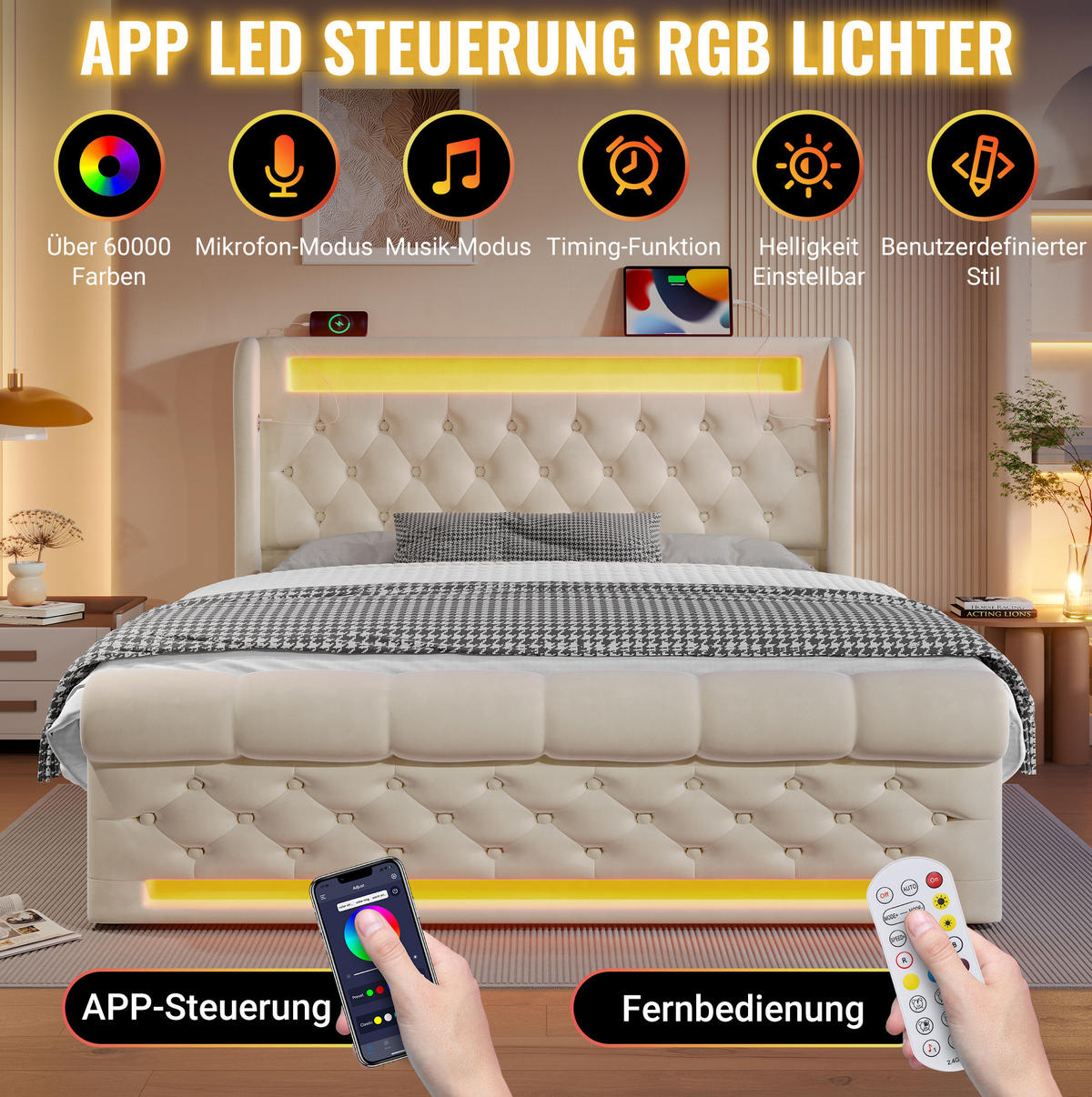 POLNJENA postelja iz žameta 140x200 cm bež z LED osvetlitvijo, USB in Type-C priključki ter hidravličnim predalom - bež, tekstil (140/200cm) - Modfu