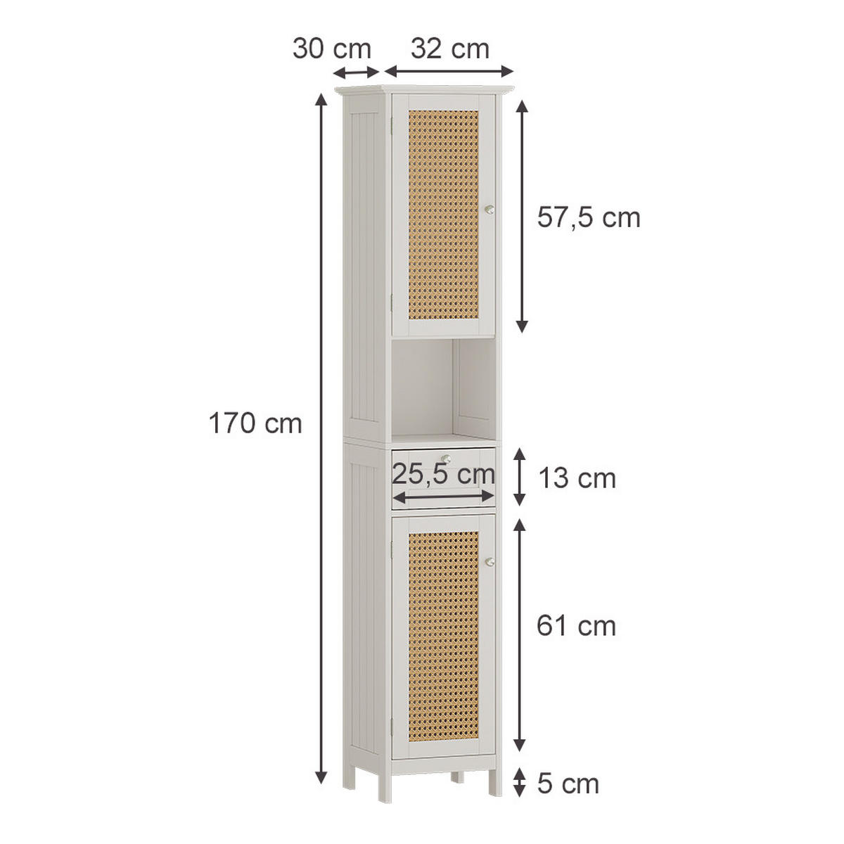 BADSCHRANK Rosario Weiß 32 x 170 cm mit 2 Türen und Schublade - Weiß, Holzwerkstoff (32/170/30cm) - Vicco
