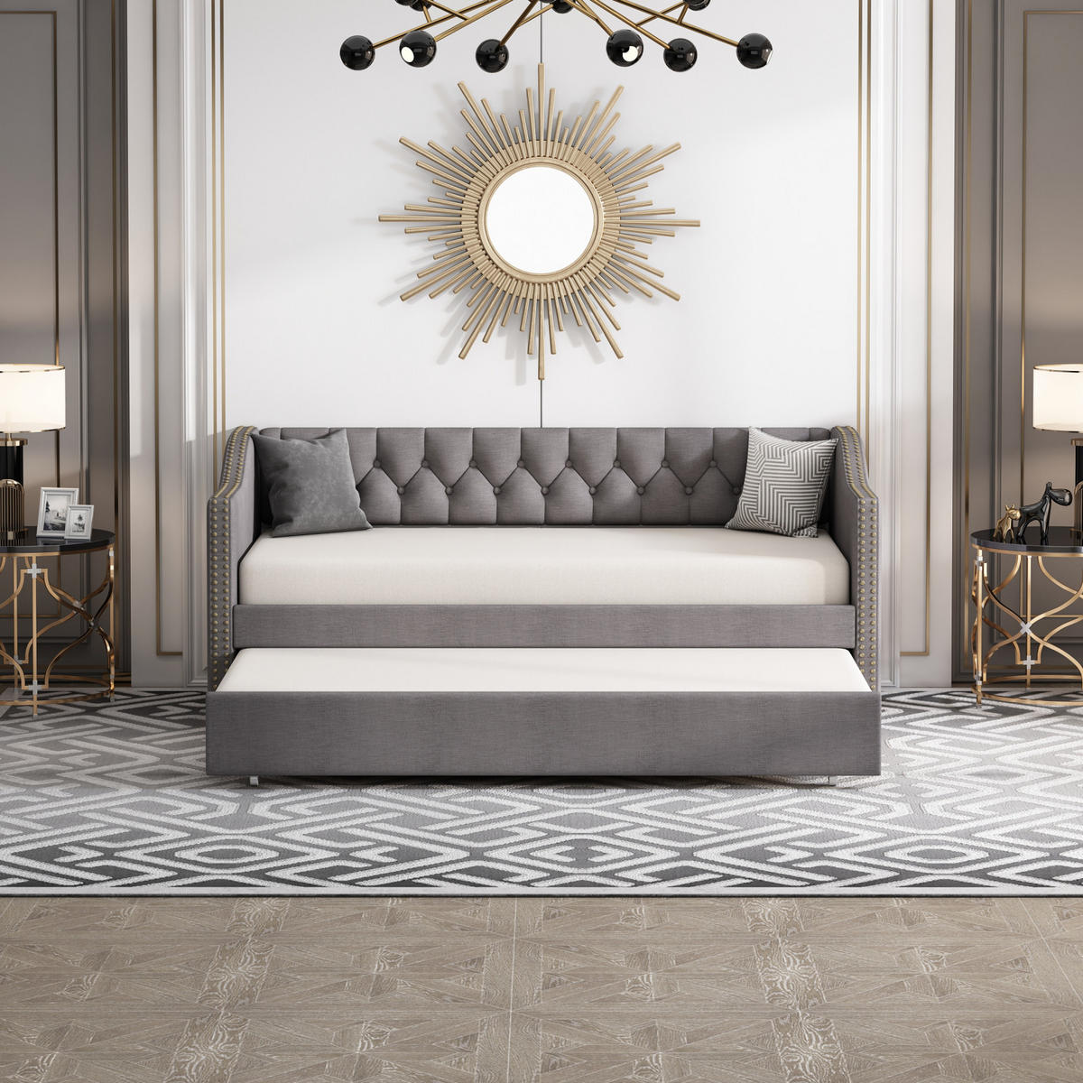 POLSTERBETT 90x200 cm, Grau, Tagesbett, Schlafsofa, mit 2 Schubladen - Grau, Textil/Metall (90/200cm)