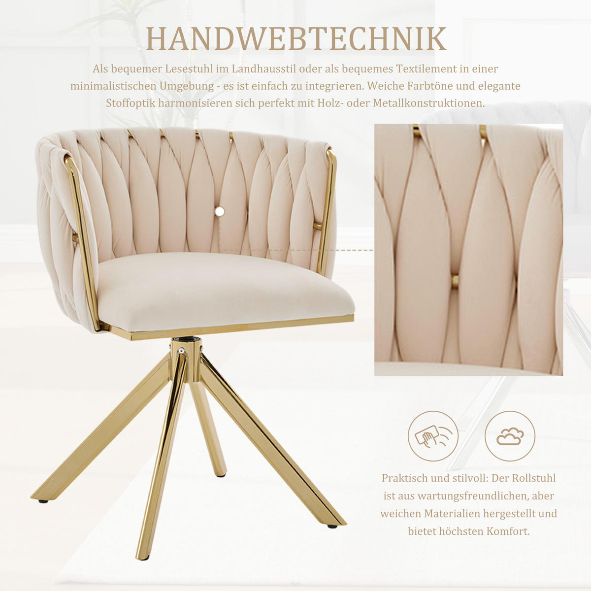 ARMLEHNSTUHL(SET à 2 Stück) mit Metallgestell - ergonomische Rückenlehne und 180° Schwenkfunktion - Elfenbein - Beige, Textil/Metall (50/70/56cm) - KOMHTOM