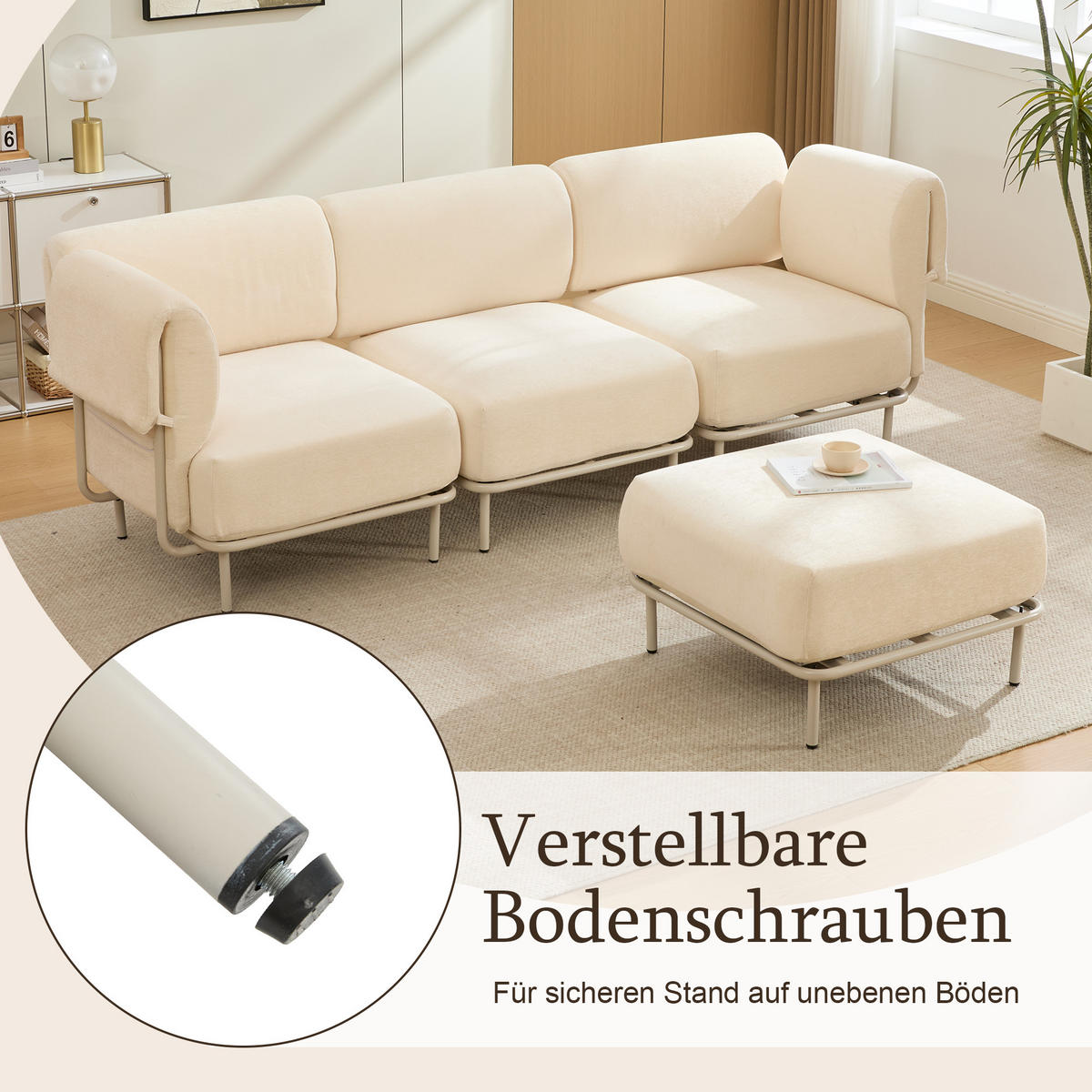 ECKSOFA 251/155/78 cm Beige Chenille mit 1 Fußhocker - Beige/Schwarz, Textil (155/251cm) - Oxeza