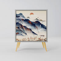 SIDEBOARD JAPANESE LANDSCAPE, Grau, 57,5x42x75,5 cm, Goldfarbene Metallfüße - Goldfarben/Multicolor, Holzwerkstoff/Metall (57.5/75.5/42cm) - SpaceRebels