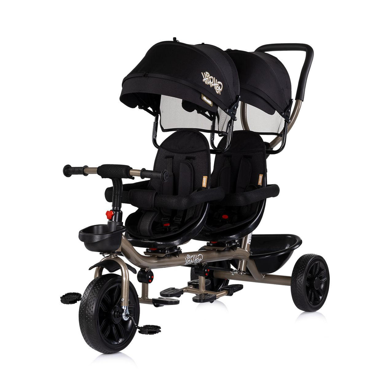 GESCHWISTERDREIRAD Hip Hop black Schiebegriff, Sitze 360° drehbar, Gurte - Schwarz, Metall (131/49/95cm) - Babyshoppen