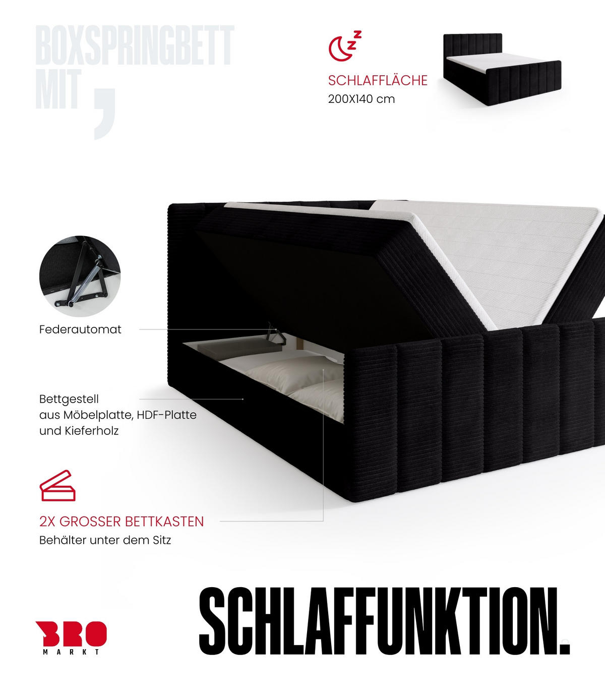 BOXSPRINGBETT Denver DUO mit Topper 140x200 Anthrazit - Anthrazit, Textil (140/200cm) - Bromarkt