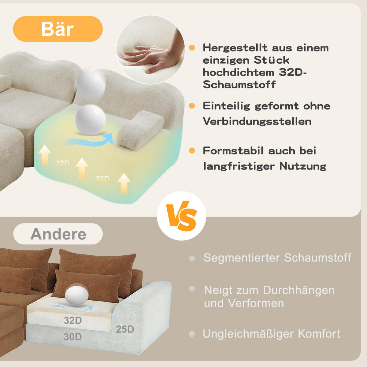 SOFA 192/98/70 cm in Beige aus Samt mit modularer Form und tiefer Sitzfläche - Beige, Textil (98/70/192cm) - Flora Grace