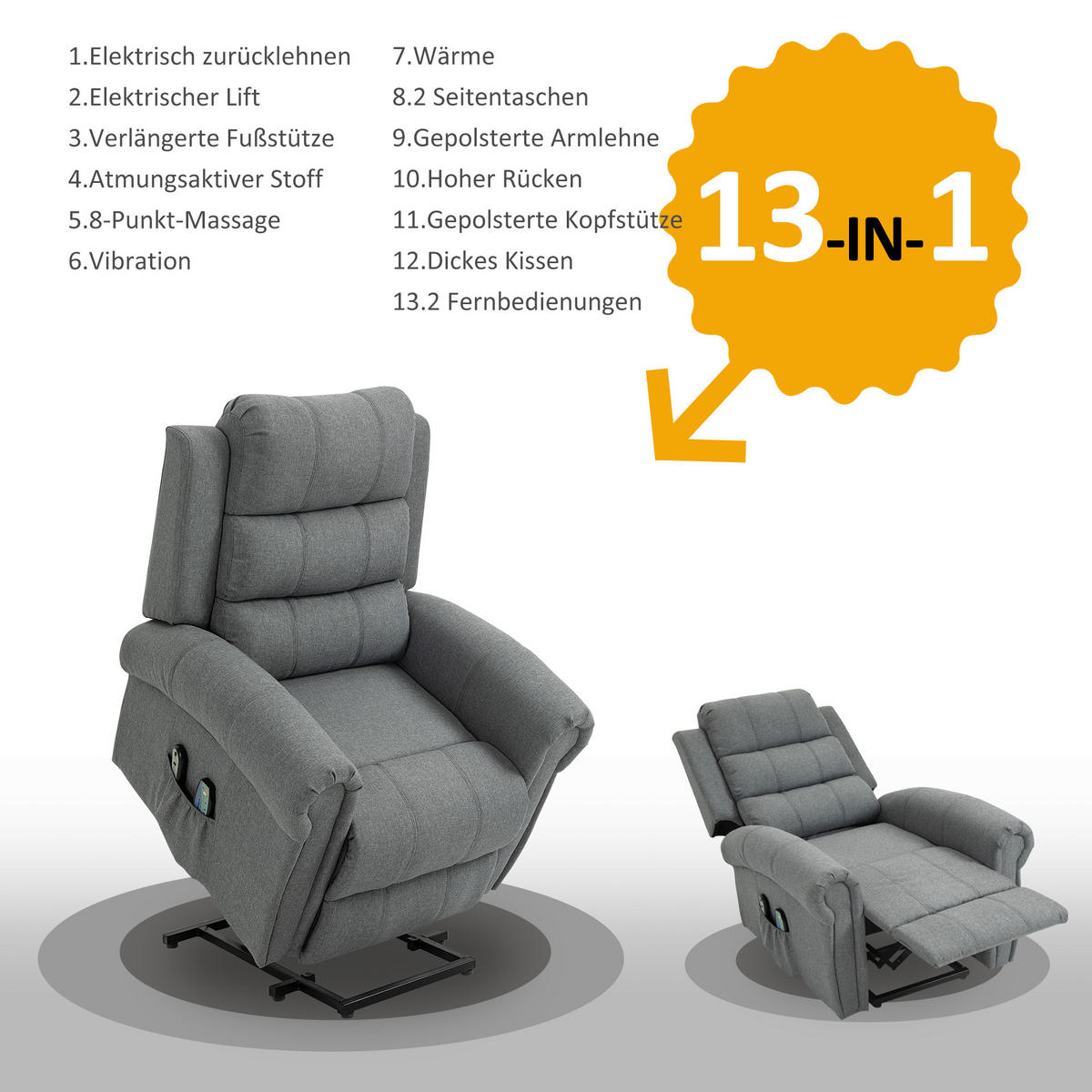 MASSAGESESSEL Wärmefunktion Massagestuhl Aufstehfunktion Fernbedienung Leinen - Grau, Textil (91/106/90cm) - HOMCOM