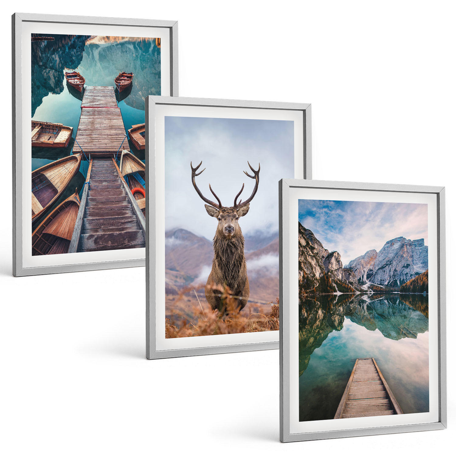 BILDER SET 3er Set - 40x60 cm Silberner Rahmen - Seeboote Hirsche Berge - Silberfarben, Kunststoff (40/60cm) - TULUP