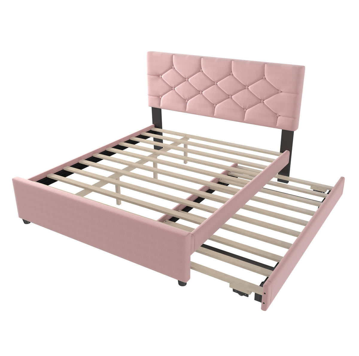 POLSTERBETT aus Samt und MDF 140x200 cm Rosa mit Lattenrost und ausziehbarem Rollbett - Rosa, Textil (140/200cm) - IVMEU
