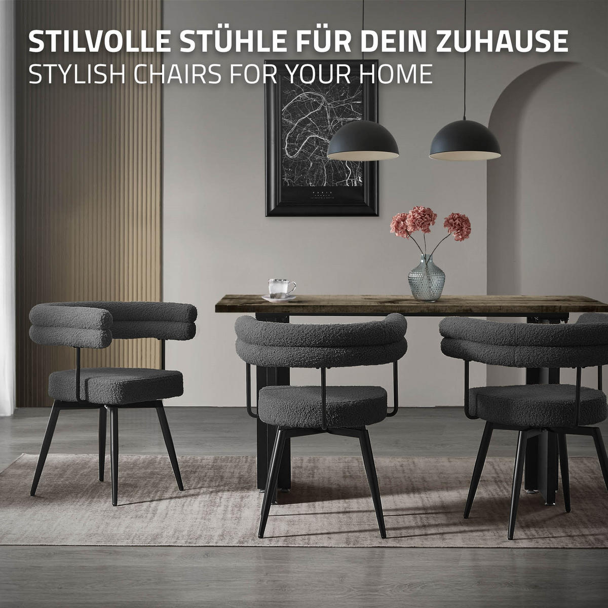 OTOČNÉ jídelní židle, sada 2 ks, tmavě šedá látka Teddy - černá/tmavě šedá, kov/textil (63/75/55cm) - ML-DESIGN
