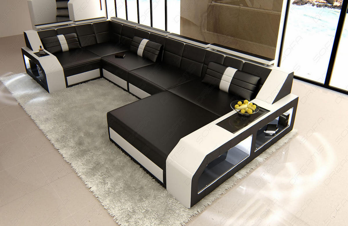 WOHNLANDSCHAFT Arezzo U - Schwarz/Weiß, Leder (380/86/197cm) - Sofa Dreams