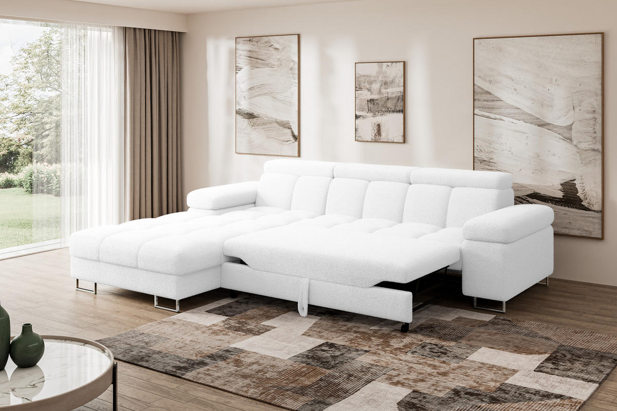 ECKSOFA mit Schlaffunktion Ottomane Links COMA L 271x203x79 Weiß Bouclé - Weiß, Holzwerkstoff/Textil (271/203cm) - ALTDECOR