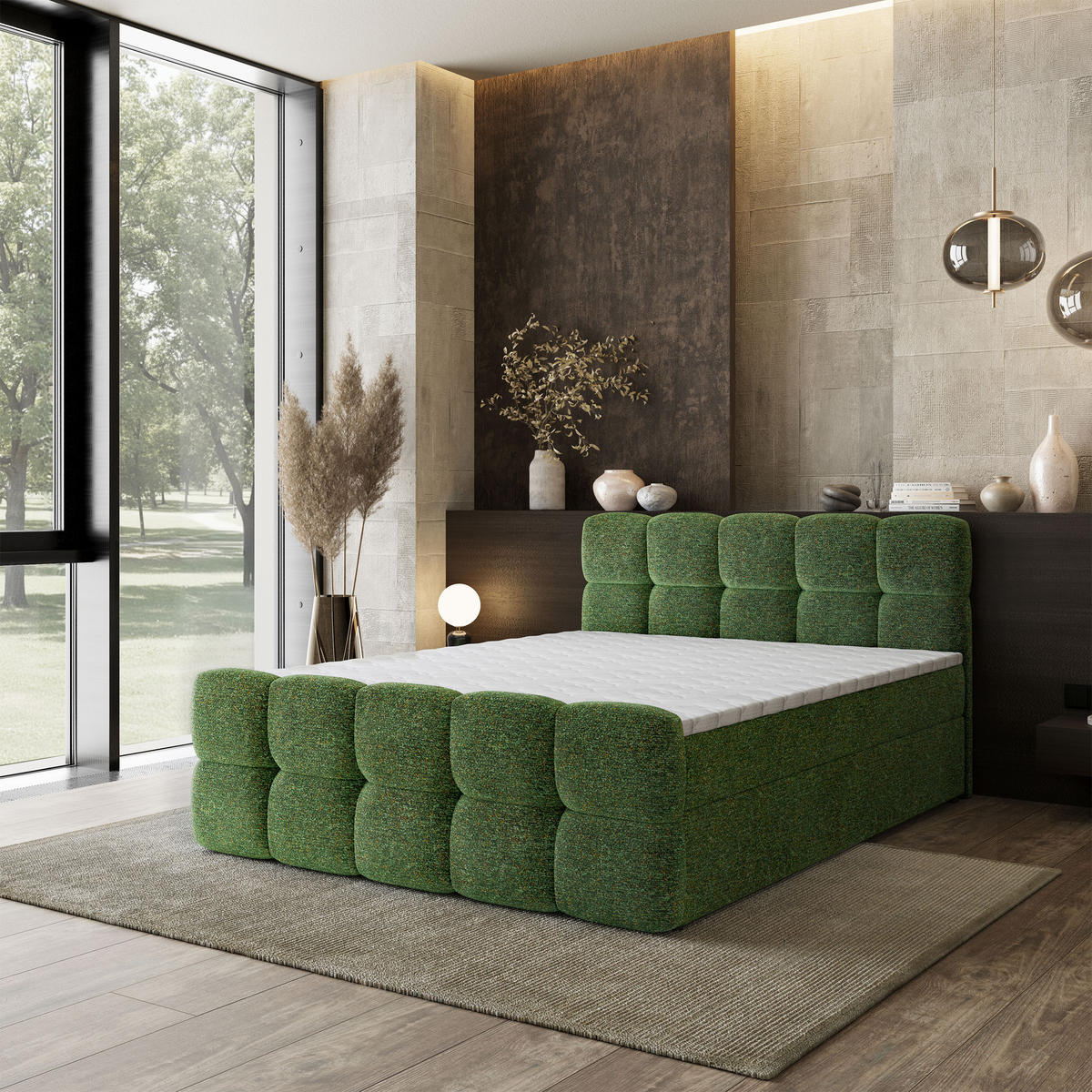 BOXBETT BRUME 180x200 cm mit Matratze und Topper, H2+H3 - Grün - Grün, Holz (180/200cm) - MASSENO