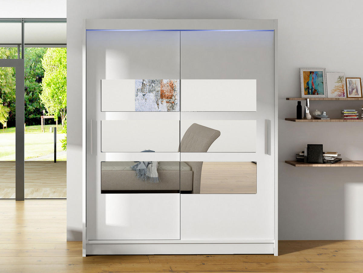 SCHWEBETÜRENSCHRANK Westa VII, mit RGB LED Beleuchtung - Silberfarben/Weiß, Holzwerkstoff/Metall (150/200/58cm) - MIRJAN24