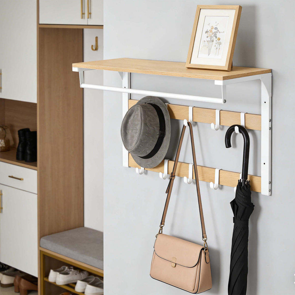WANDGARDEROBE Vintagebraun Schwarz 3-in-1 10 Haken - Multicolor, Holzwerkstoff/Metall (65/42/30cm) - Relaxdays
