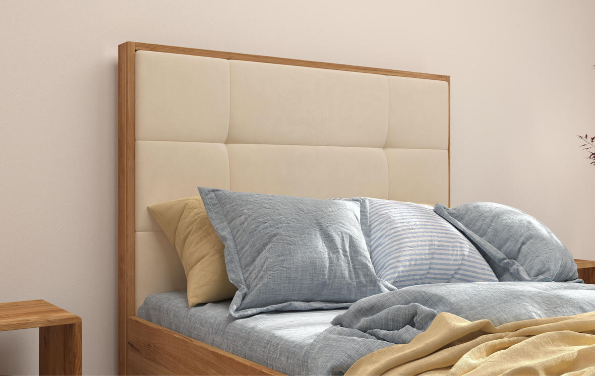 MASSIVHOLZBETT Frida, gepolstertes Kopfteil, Eiche - lackiert, Naturfarben/Ecru, 140x200 - Ecru/Eichefarben, Eichenholz/Holz (140/200cm) - Visby