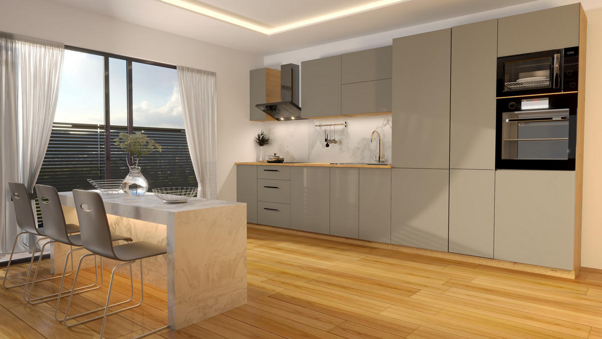 KÜCHENZEILE 400 cm - Nexa KÜ-LN-001 - in Beige / Matt - Beige/Schwarz, Holz/Metall (400/212/58cm) - ROYAL24_MARKT