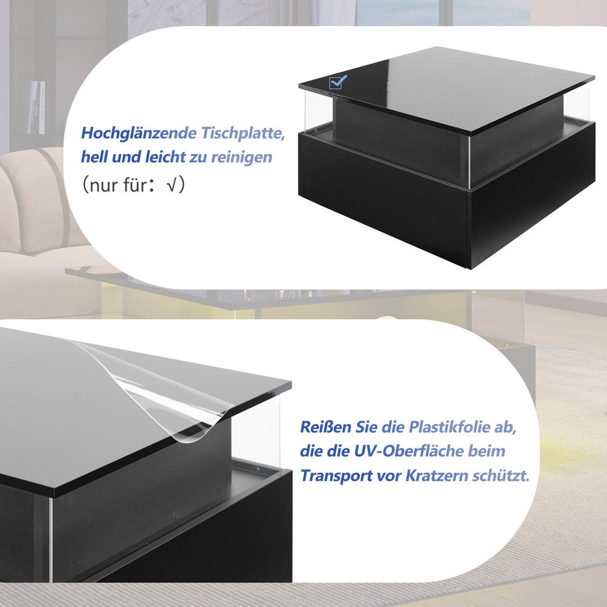 COUCHTISCH 70x70cm Schwarz Hochglanz LED 2 Schubladen Präsentation 30kg - Schwarz, Holz (80.01/80.01/15.98cm) - FLIEKS
