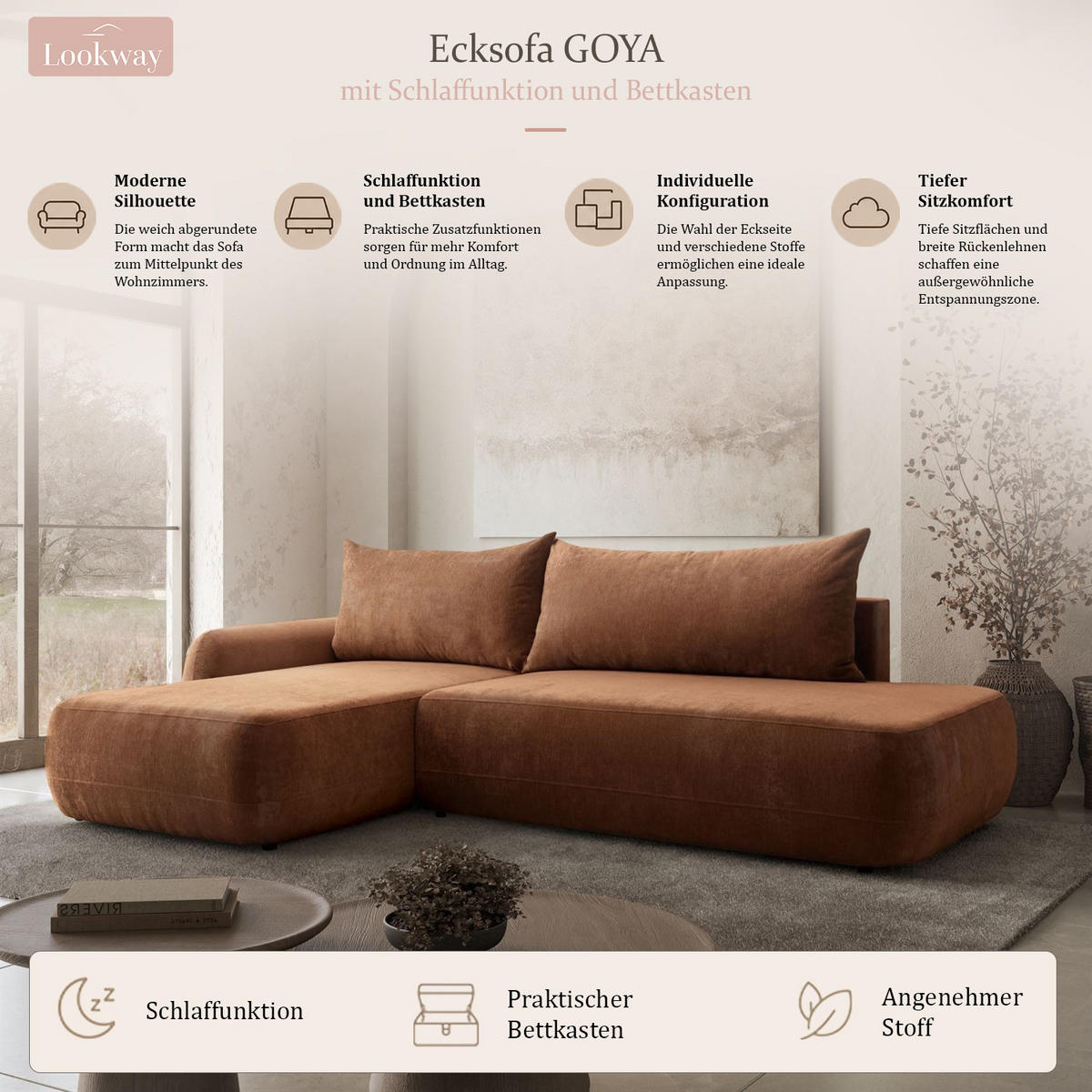 ECKSOFA GOYA mit Schlaffunktion und Bettkasten, Rechte, Perfect Harmony 52 - Rotbraun, Textil (302/184cm) - Lookway