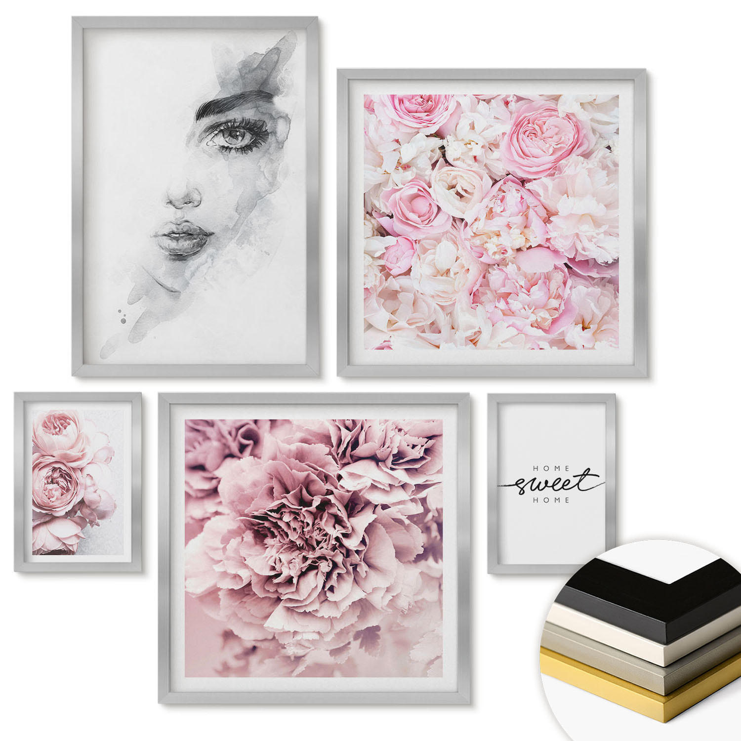 WANDBILDER 5er Set - 50x50 cm & 20x30 cm & 40x60 cm Silberner Rahmen - Pfingstrosenporträt einer Frau zu Hause - Silberfarben, Kunststoff (40/60cm) - ArtPrintCave