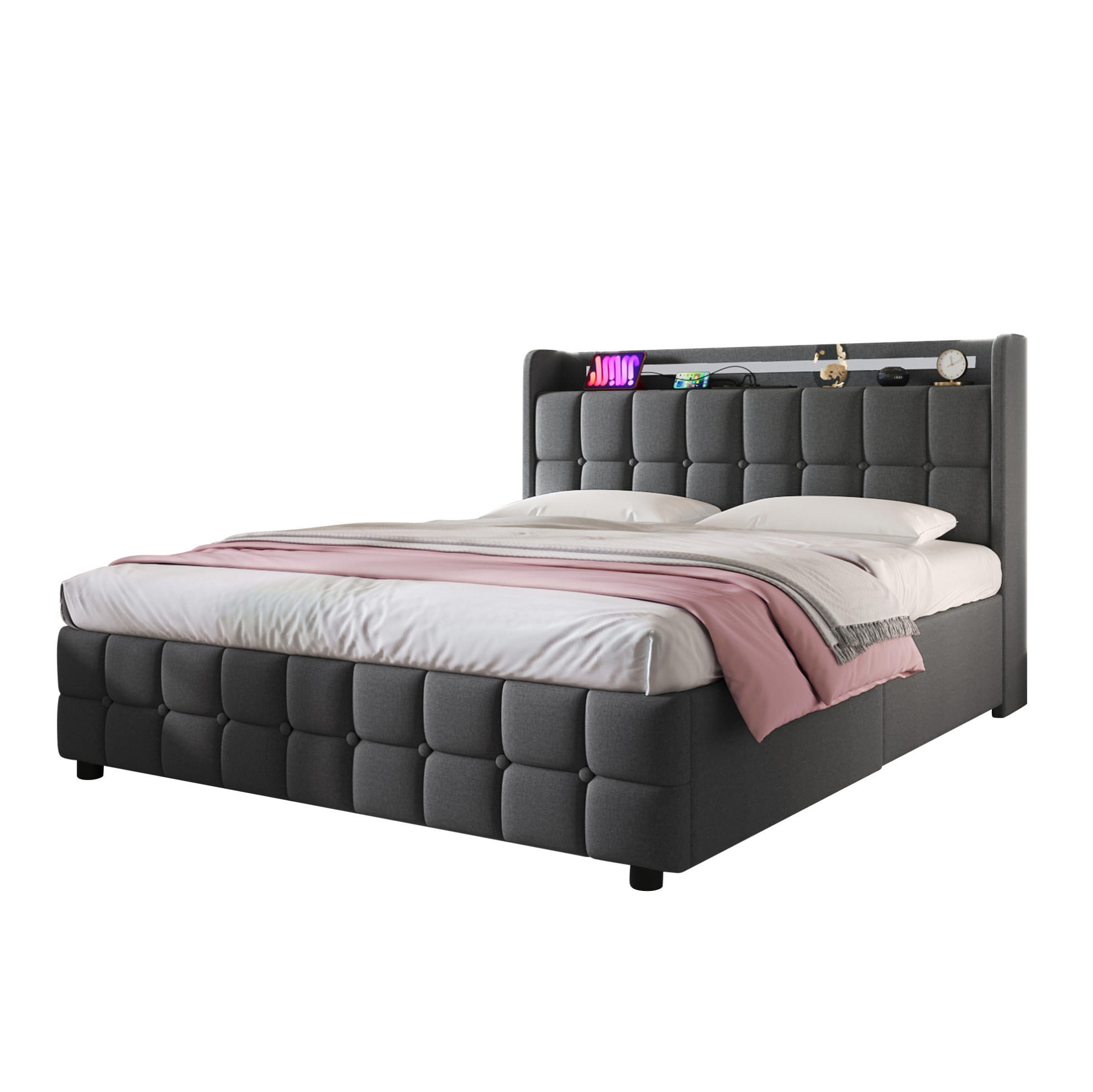 POLSTERBETT 140/200 cm grau aus Holz mit USB, LED und 4 Schubladen - Grau, Holzwerkstoff (140/200cm) - OKWISH