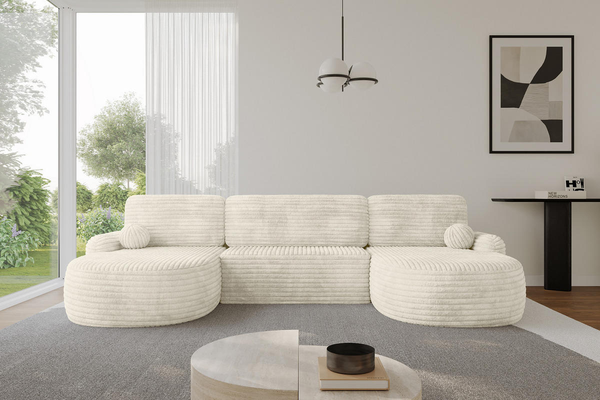 WOHNLANDSCHAFT mit Schlaffunktion und Bettkasten LIRA-U - 335x172x89 Creme - Ecru, Holzwerkstoff/Textil (335/89/172cm) - ALTDECOR