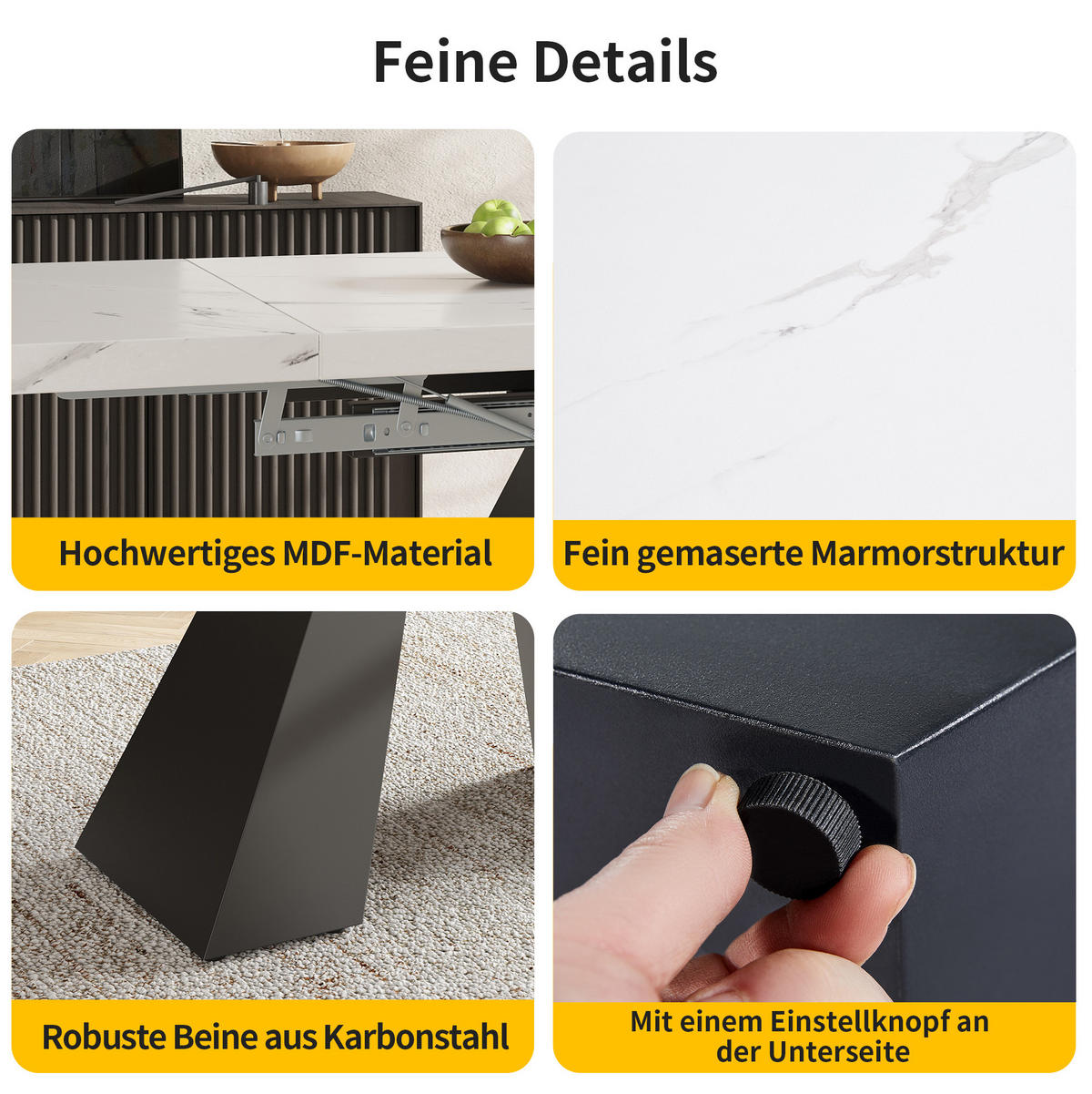 ESSTISCH-SET, MDF in Marmoroptik mit Ausziehtisch & 4 Samtstühlen, 99-159/74/77 cm, Weiß - Weiß, Holzwerkstoff - Redom