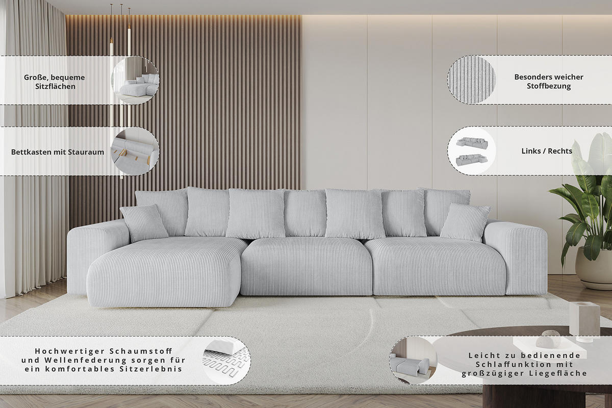 ECKSOFA Ottomane links ESKAR-L 364x176x84 Koralle Velours - Koralle/Schwarz, Holzwerkstoff/Kunststoff (364/176cm) - ALTDECOR