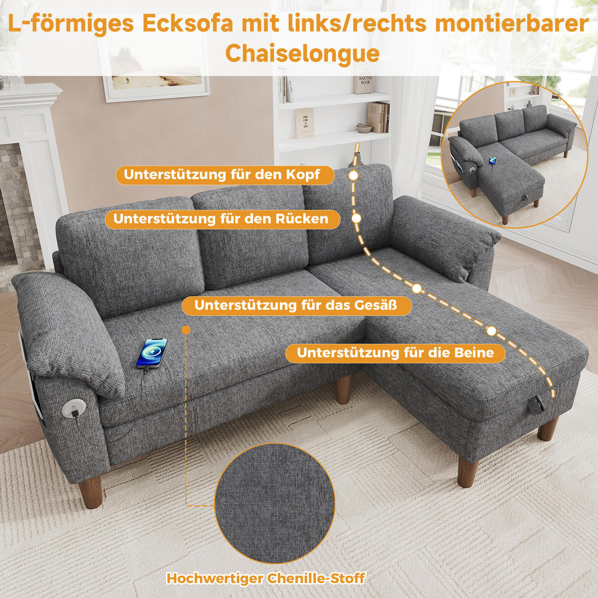 ECKSOFA 181/125/88 cm Hellgrau mit Stauraum-Chaiselongue und USB/Type-C-Ladeanschluss - Hellgrau, Textil (181/125cm) - Oxeza