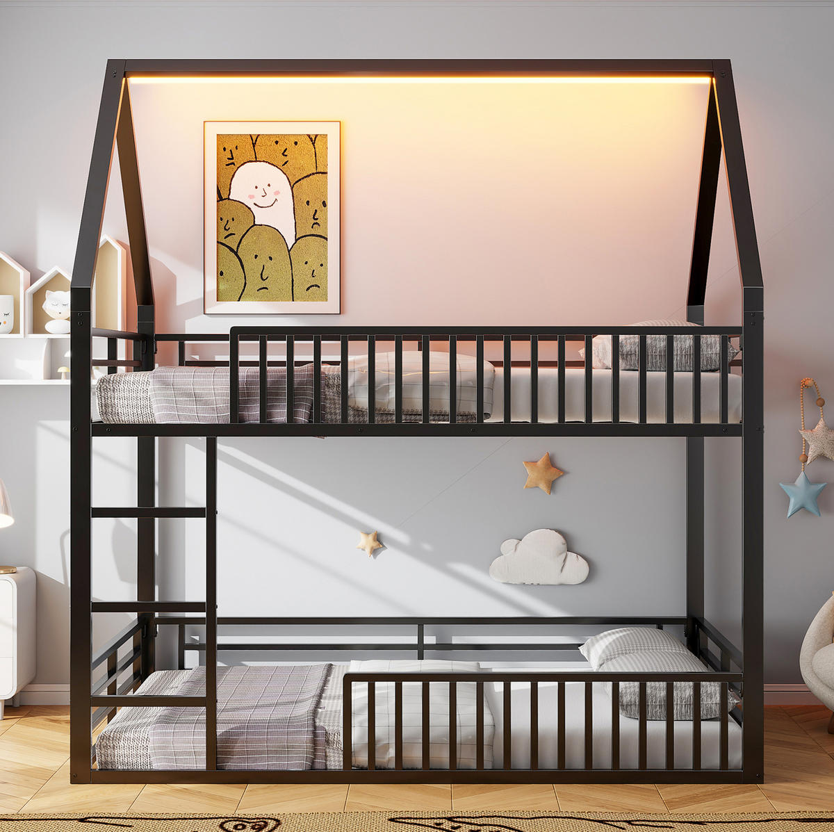 ETAGENBETT in Hausform mit LED-Licht 140x200 cm Metall Schwarz - Schwarz, Metall (140/200cm) - Beauniv