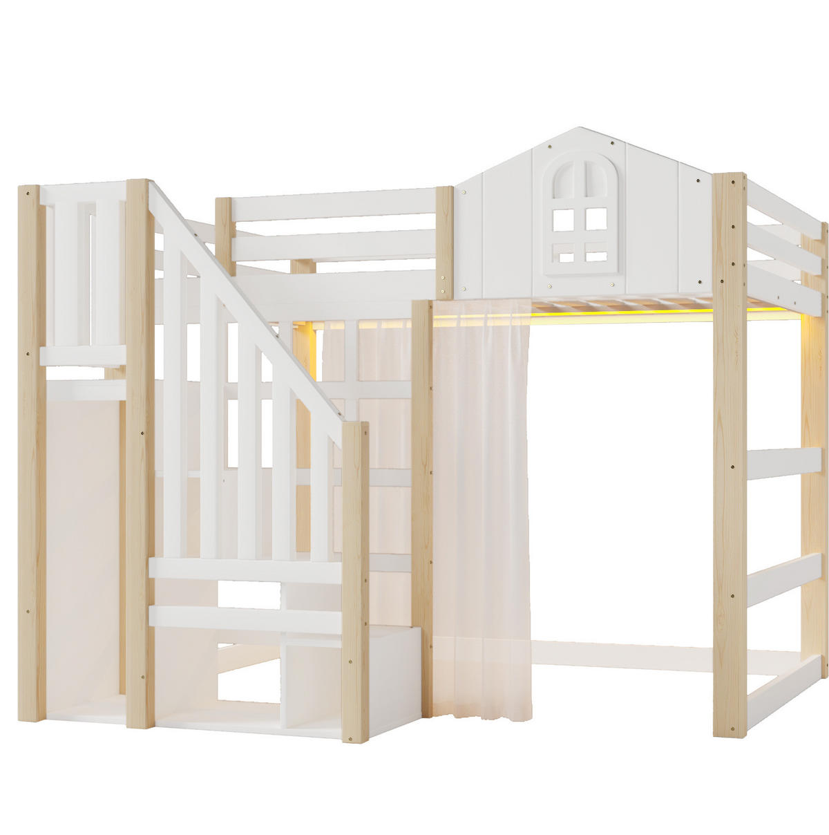 HOCHBETT 140/200 cm aus Kiefernholz mit LED-Beleuchtung und Ablageleiter Weiß/Natur - Weiß, Holzwerkstoff (140/200cm) - Modenvie