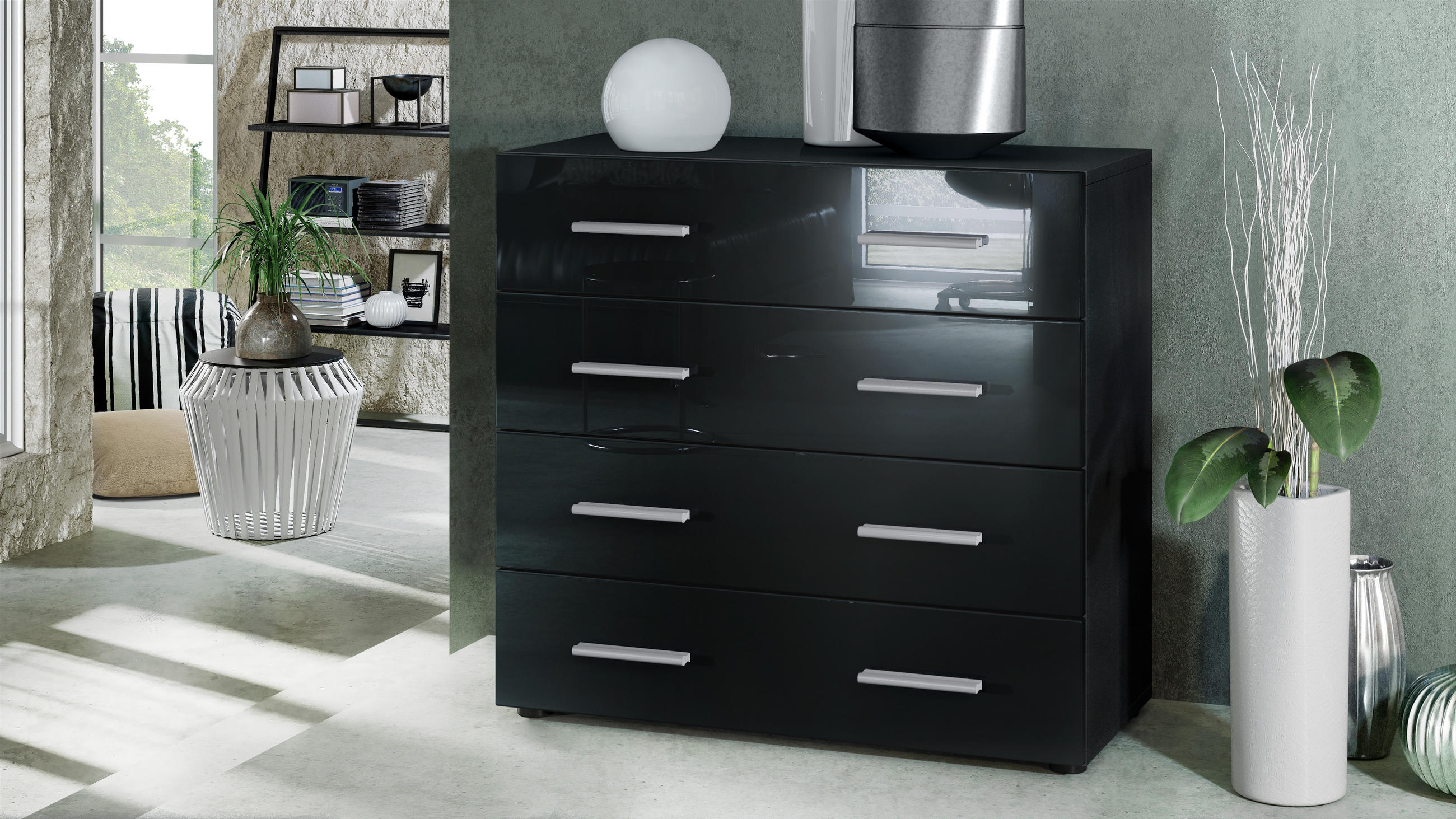 KOMMODE Pavos Schwarz Hochglanz - Schwarz Hochglanz, Holzwerkstoff (76/72/35cm) - Vladon