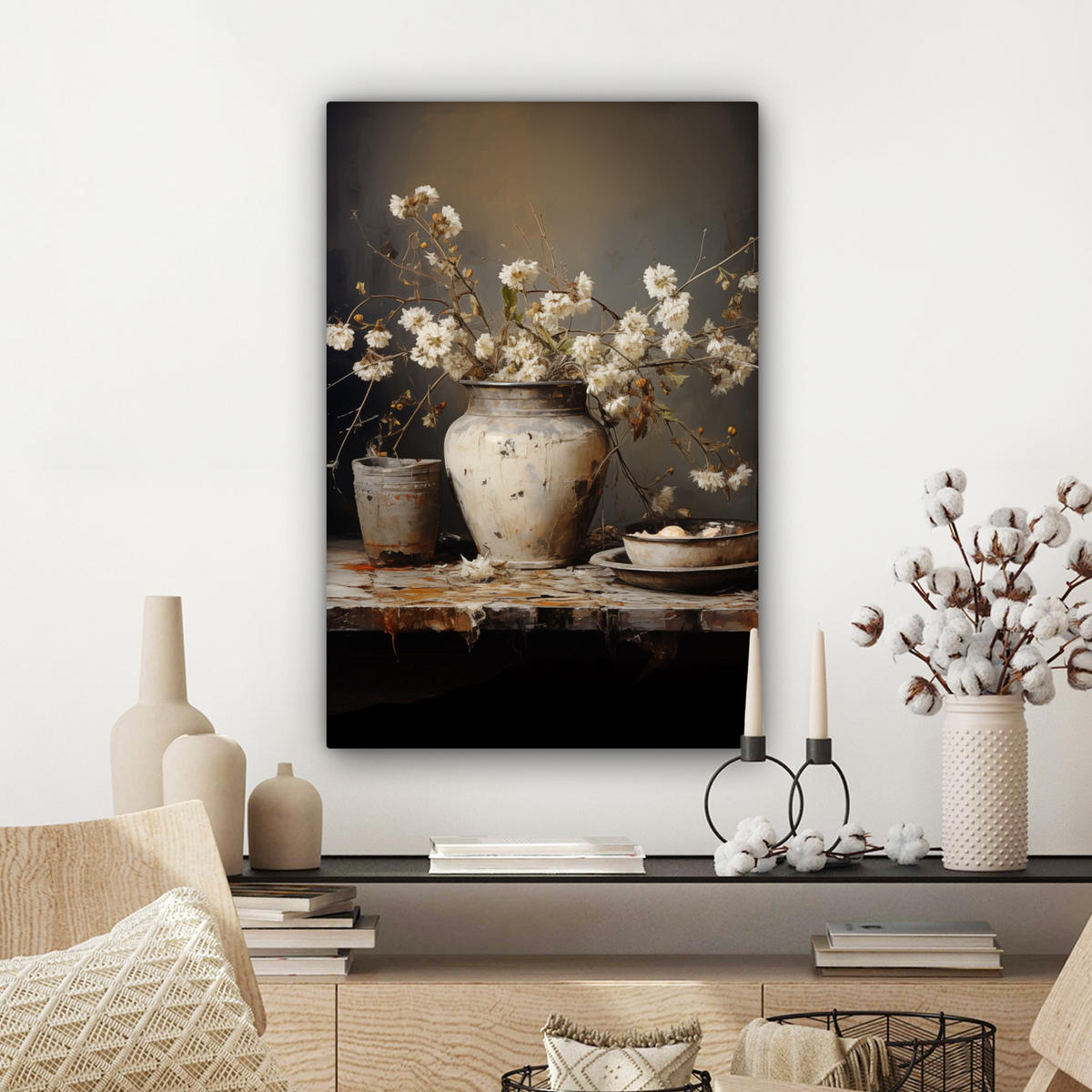 LEINWANDBILD Stilleben - Blumen - Blumenstrauß - Vase - Wein Wanddeko Schlafzimmer 60x90 cm - Schwarz, Textil (60/90cm) - MuchoWow