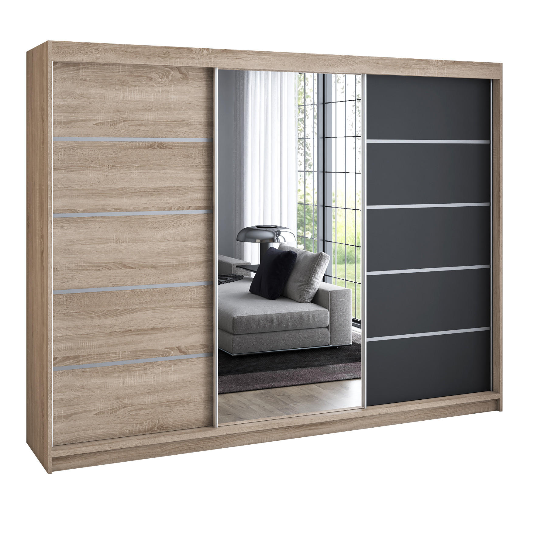 A&J MöbelLand Schwebetürenschrank Sonoma Eiche, Hellbraun, Schwarz 200x215x59.5 cm