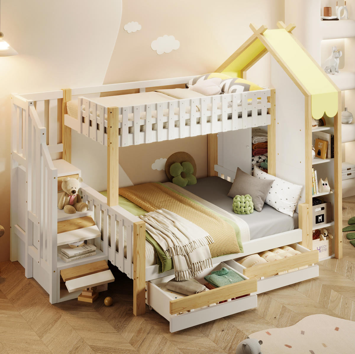 ETAGENBETT 90/200 + 140/200 cm mit Stauraumleiter, Hausdach und 2 Schubladen, Weiß/Natur - Weiß, Holz (90/200cm) - Redom