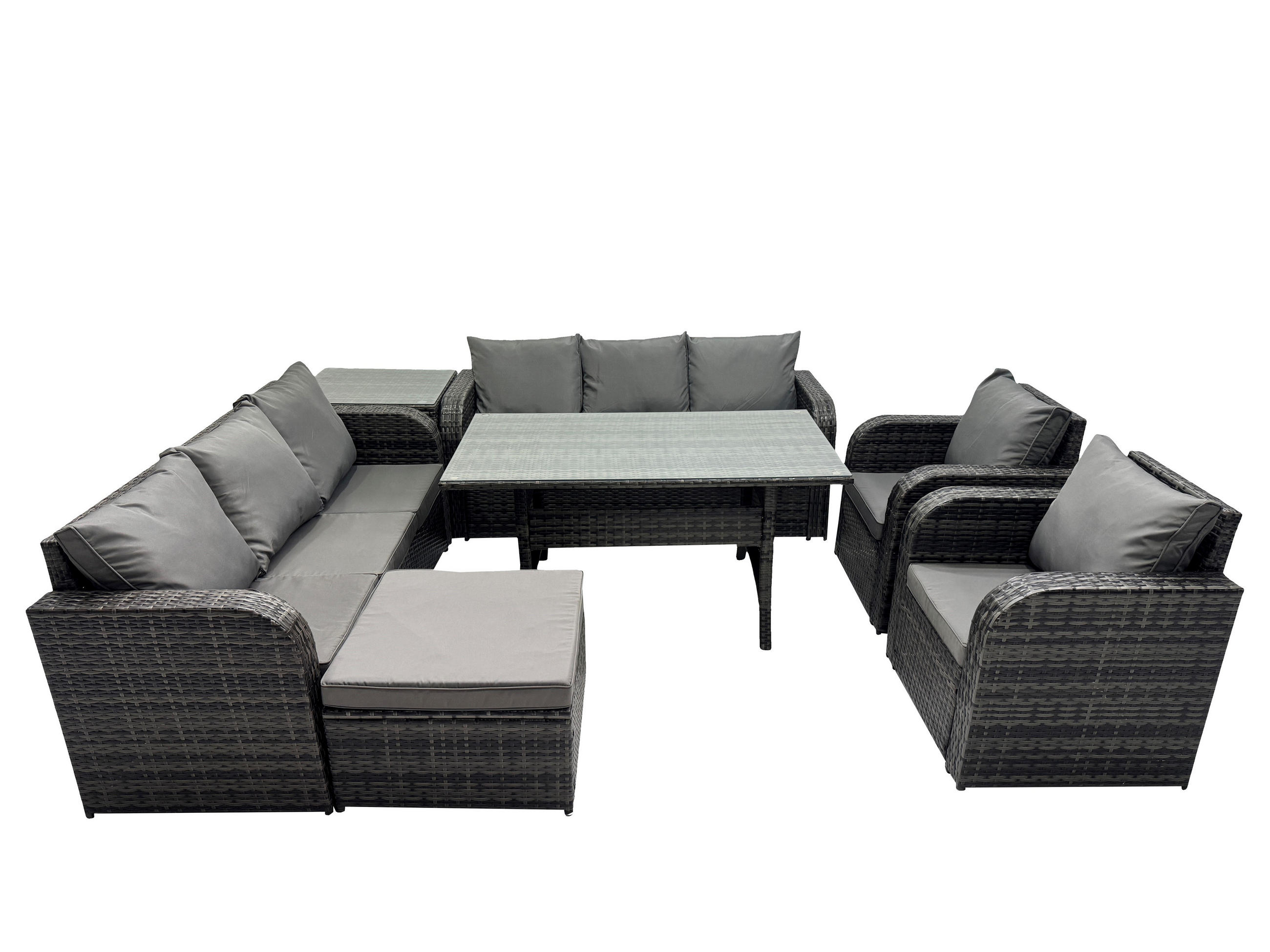 GARTENTISCHGRUPPE mit Beistelltisch,Hocker Polyrattan Dunkelgrau 9-Sitzer - Dunkelgrau/Grau, Glas/Kunststoff - Fimous