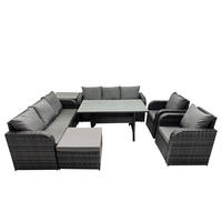 GARTENTISCHGRUPPE mit Beistelltisch,Hocker Polyrattan Dunkelgrau 9-Sitzer - Dunkelgrau/Grau, Glas/Kunststoff - Fimous