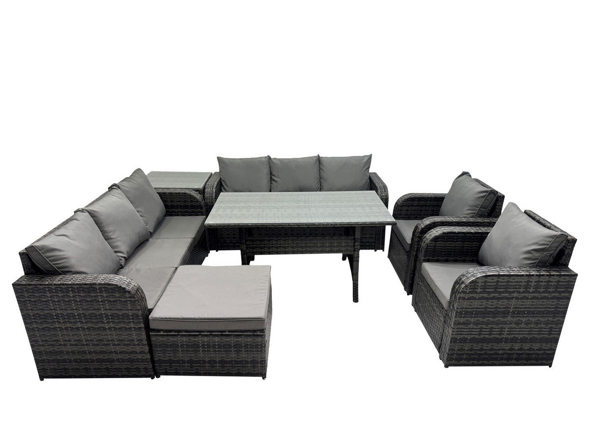 GARTENTISCHGRUPPE mit Beistelltisch,Hocker Polyrattan Dunkelgrau 9-Sitzer - Dunkelgrau/Grau, Glas/Kunststoff - Fimous