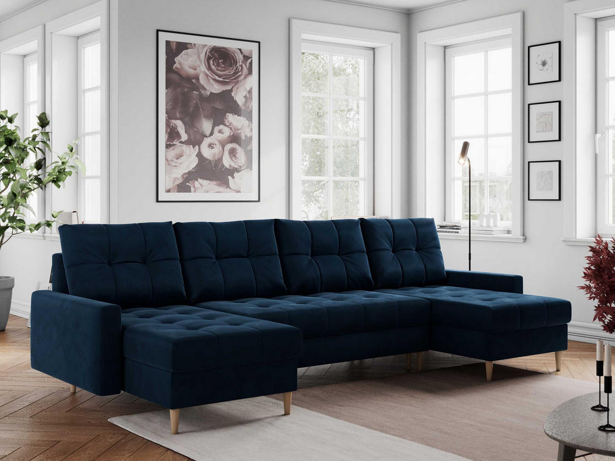 WOHNLANDSCHAFT Colin U Velvet Dunkelblau - Dunkelblau/Braun, Holz/Textil (290/75/140cm) - MKS