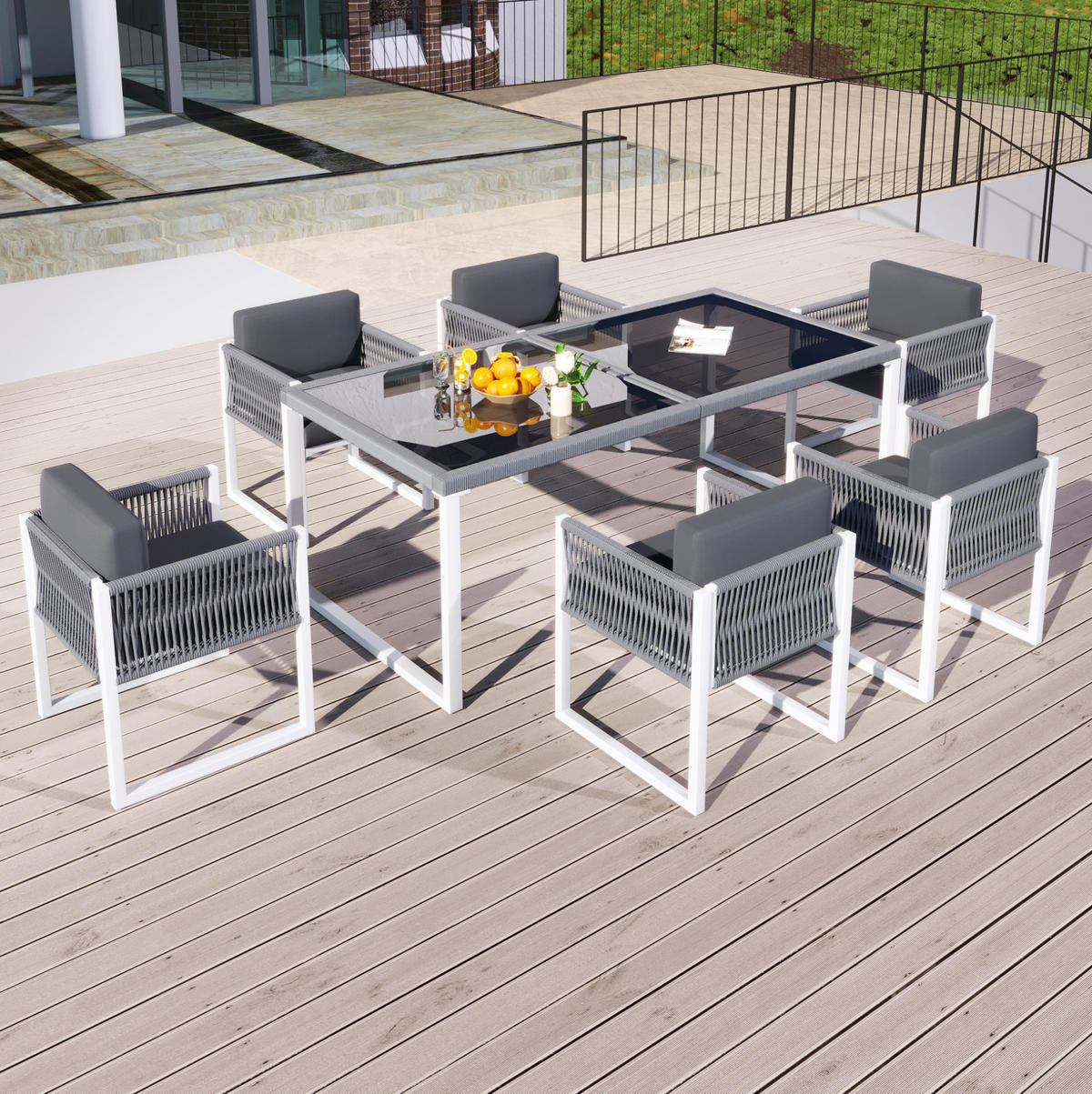 GARTEN-ESSGRUPPE 170/80/75 cm mit 6 Sesseln, gehärteter Glasplatte und waschbaren Bezügen, Grau/Weiß - Grau, Metall - Redom