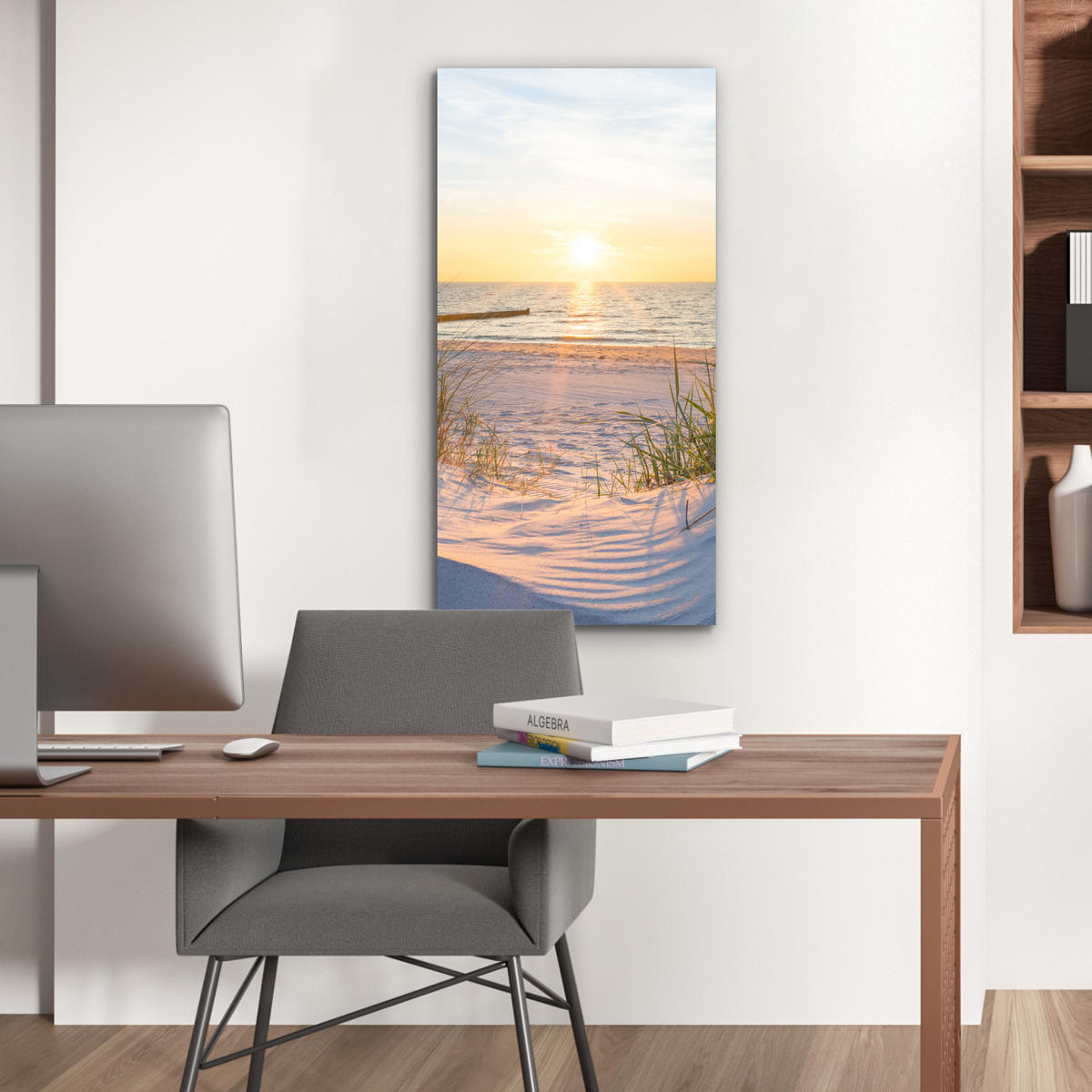 KOVOVÝ OBRAZ Pláž - Slnko - Duny - Tráva - Piesok - Horizont 40x80 cm - svetlomodrá, kov (40/80cm) - MuchoWow