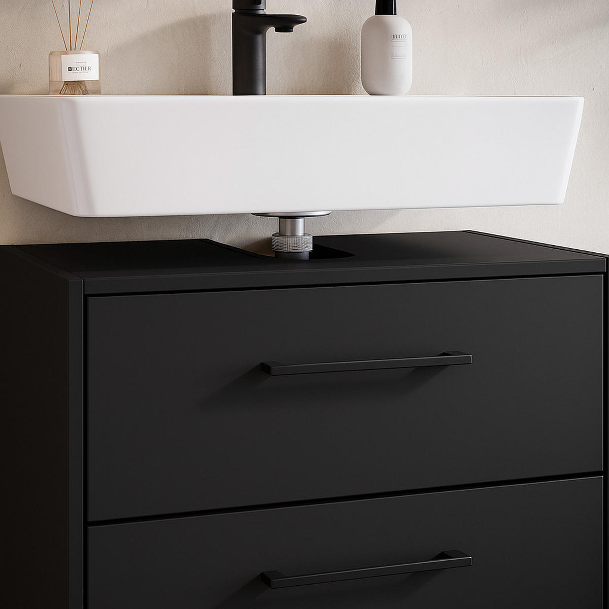 WASCHBECKENUNTERSCHRANK Florence 2 Schubladen Schwarz Mat - 60 x 35 x 47 cm - Schwarz, Holz (60/50/35cm) - Badplaats