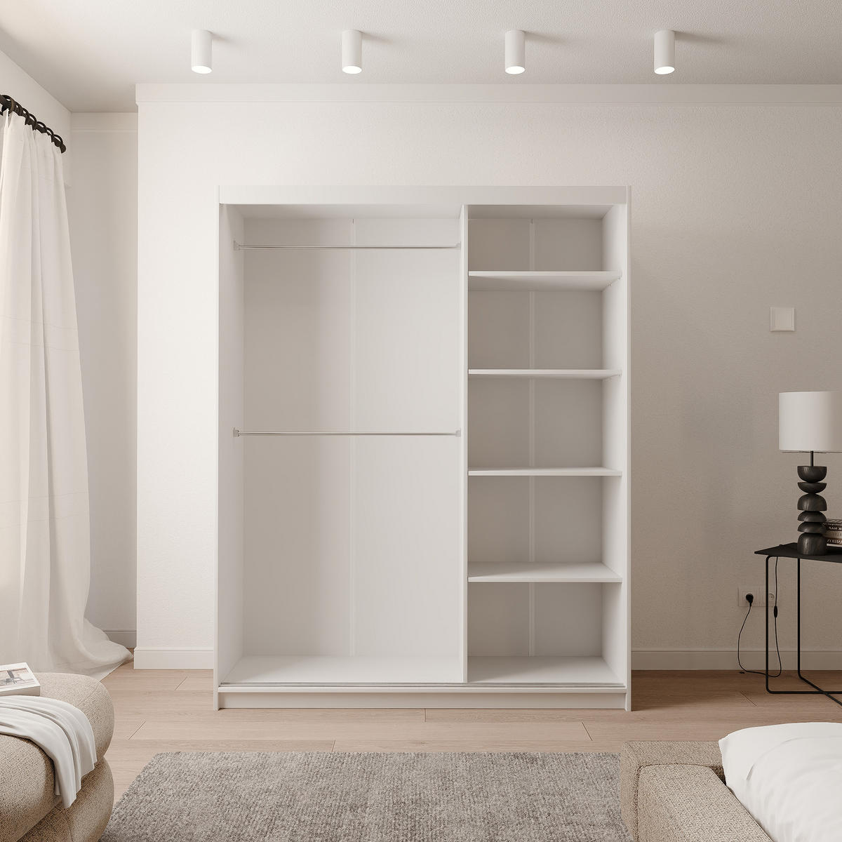 SCHIEBETÜRENSCHRANK SILENTE 160 cm mit Einlegeböden und Kleiderstange - Weiß, Holzwerkstoff (160/205/60cm) - Idohome