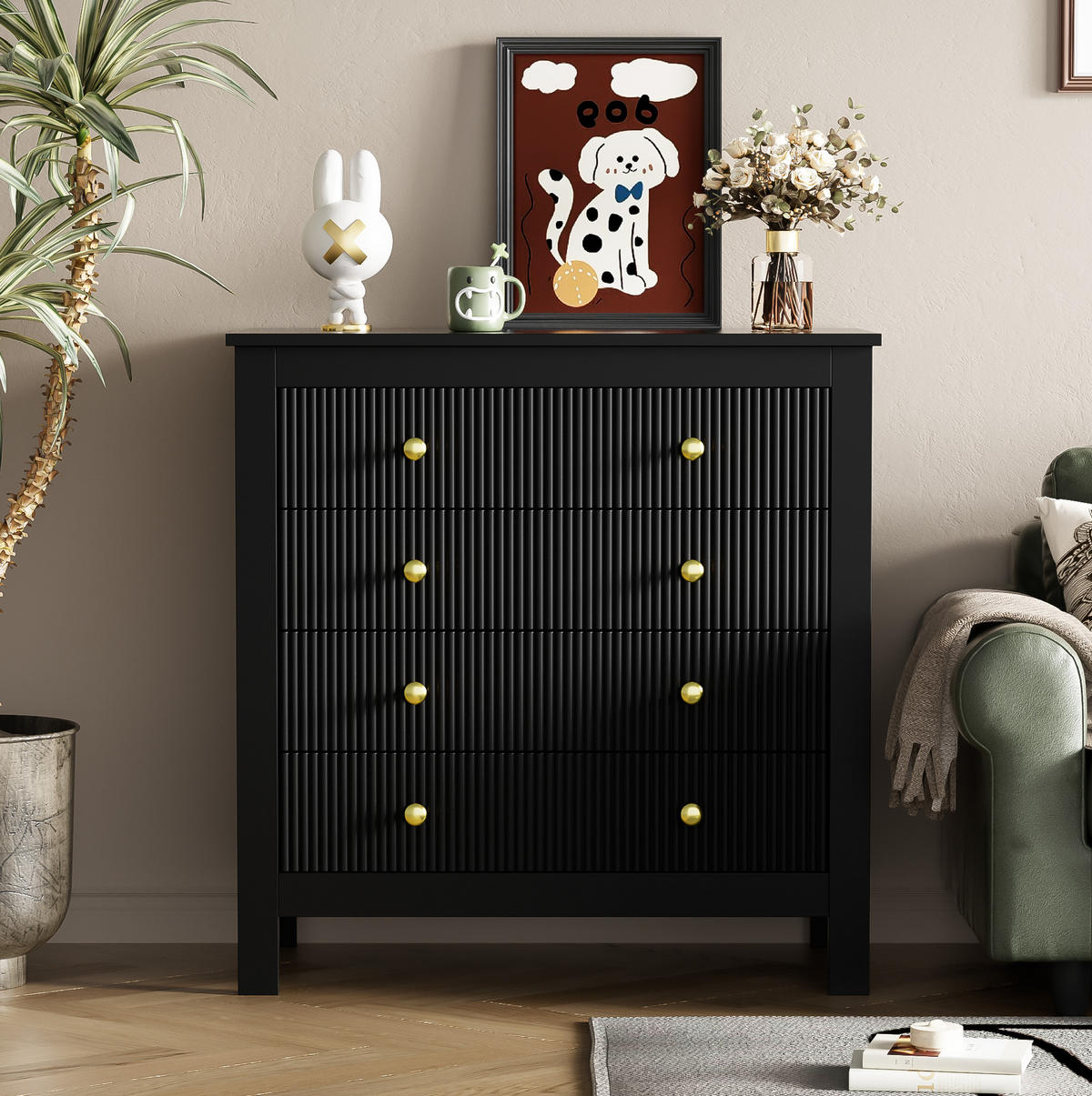 KOMMODE aus Spanplatte 79x39,5x80,5cm in Schwarz mit 5 Schubladen - Schwarz, Holzwerkstoff (80.5/80.5/39.5cm) - Modfu