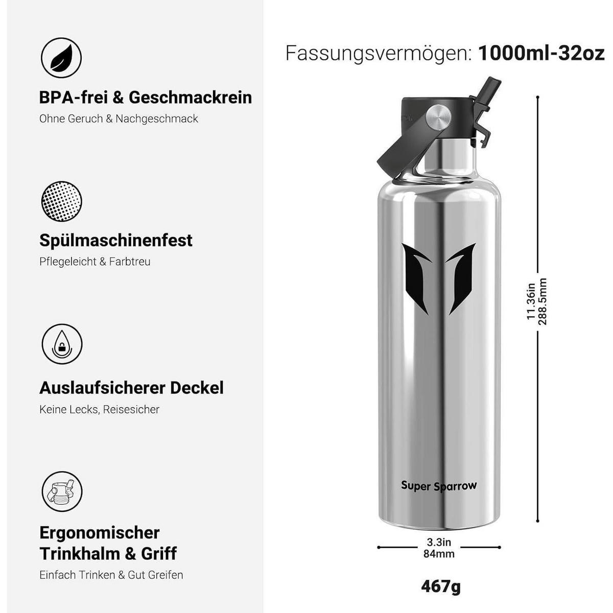 TRINKFLASCHE Edelstahl 1000 ml mit Strohhalmdeckel - Silberfarben, Metall (8.4/8.4cm)