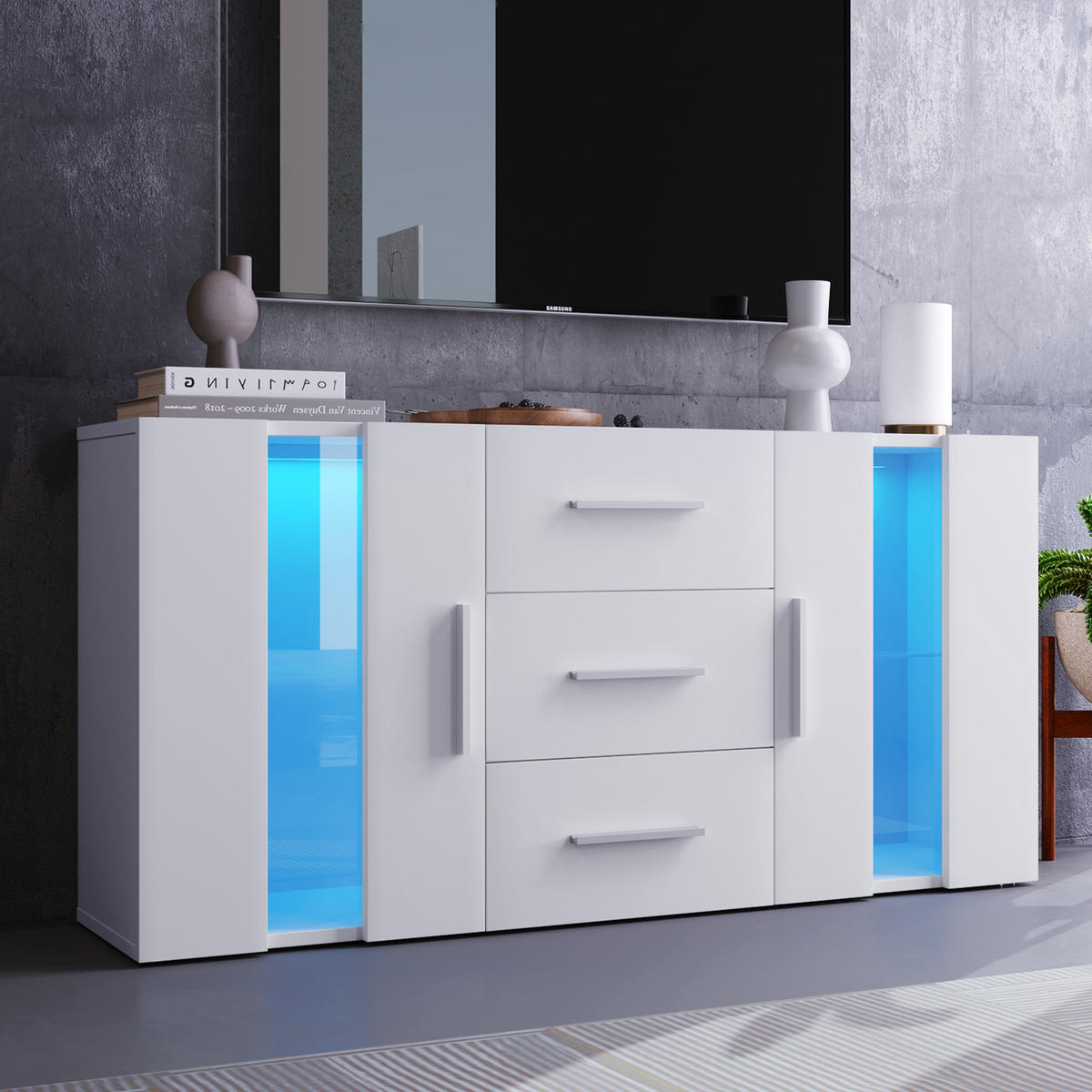 SIDEBOARD LED 140x35x70cm TV-Schrank Lowboard Stauraum - Weiß, Holzwerkstoff (35/70/140cm) - FLIEKS