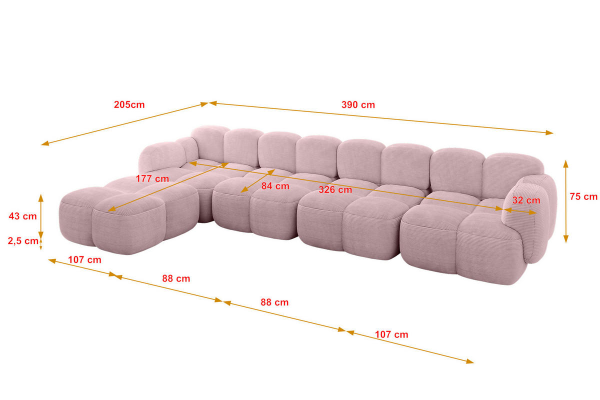 ECKSOFA modulares Sofa Links Miko-L3 390x205x75 Rosa Cord - Schwarz/Rosa, Holzwerkstoff/Kunststoff (390/205cm) - ALTDECOR